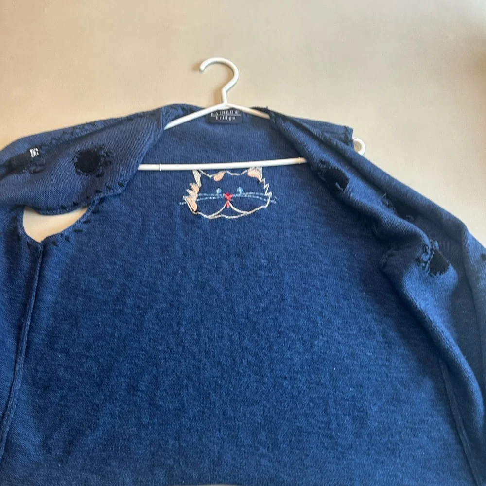 Cottagecore Rainbow Bridge Blue Vintage Knit Blue Sweater Vest with cats M-L - Picture 13 of 14